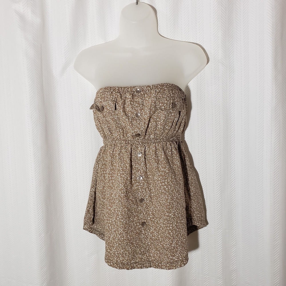 Unionbay Women's Strapless Top Size M Brown Floral Cotton Button-down Shirt Look